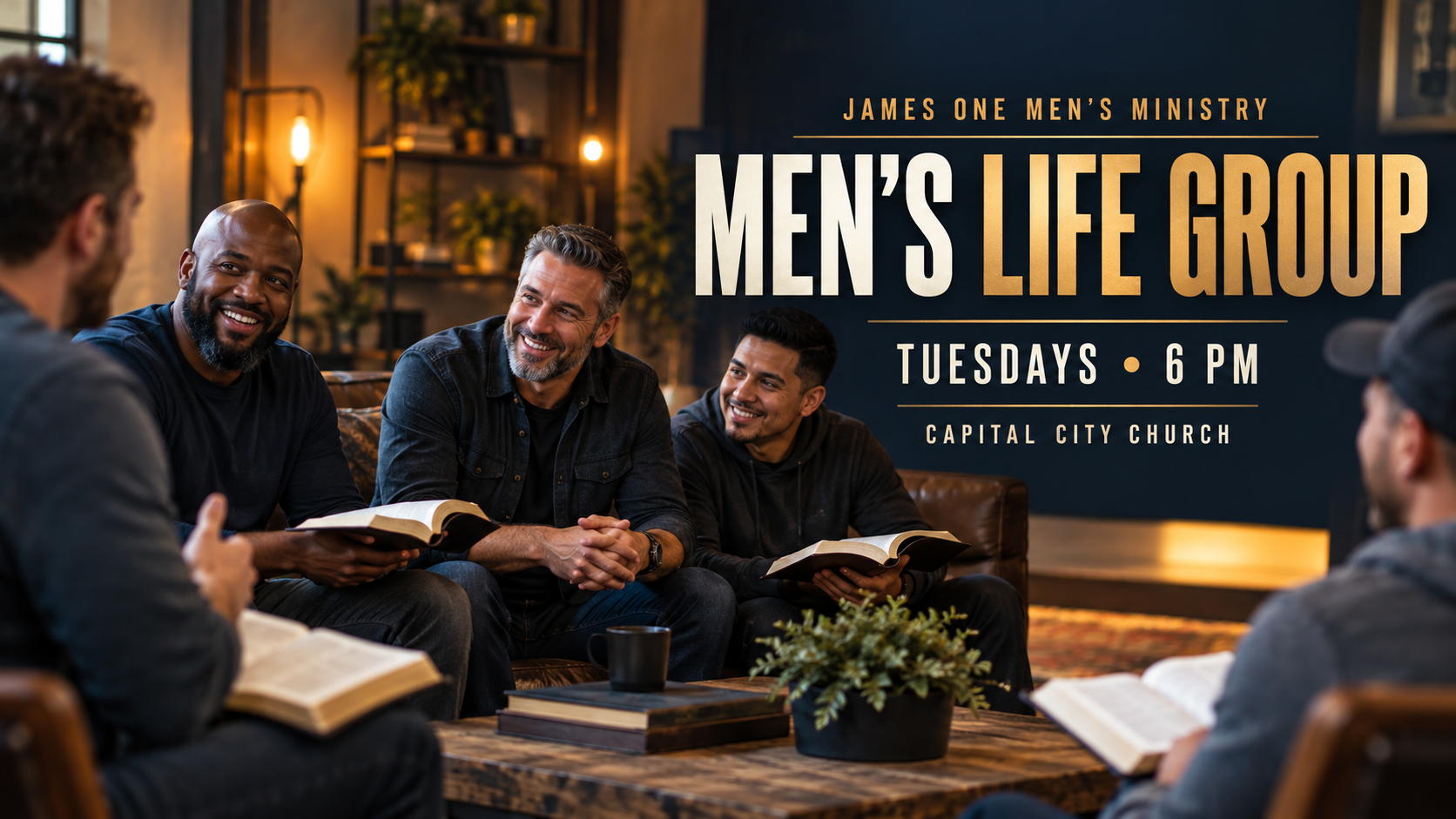 James One Men's Life Group at Capital City Church, Tuesdays at 6 PM.